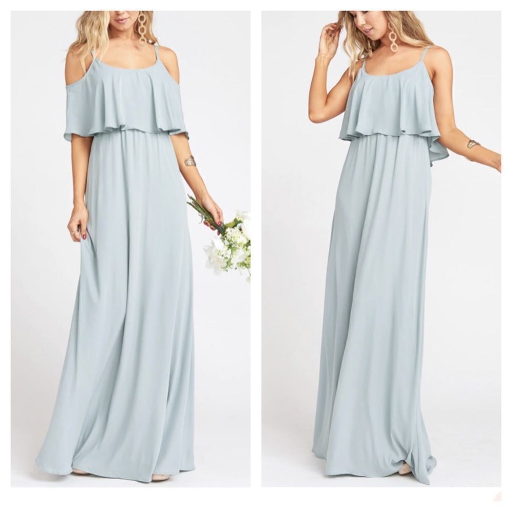 𝅺SHOW Me Your Mumu Caitlin Ruffle Maxi Dress in Silver Sage Crisp Size Small